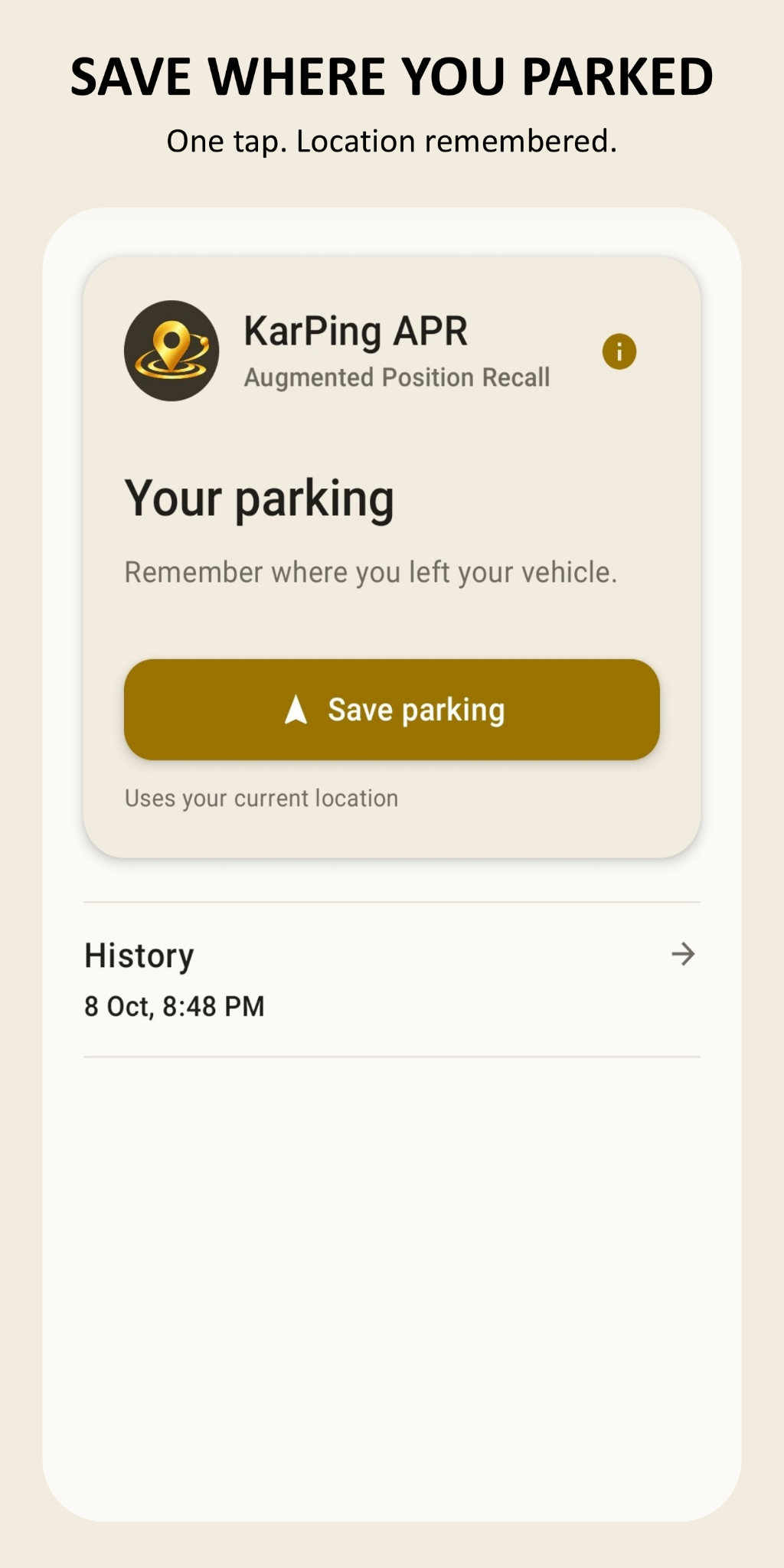 KarPing APR home screen ready to save a parking location