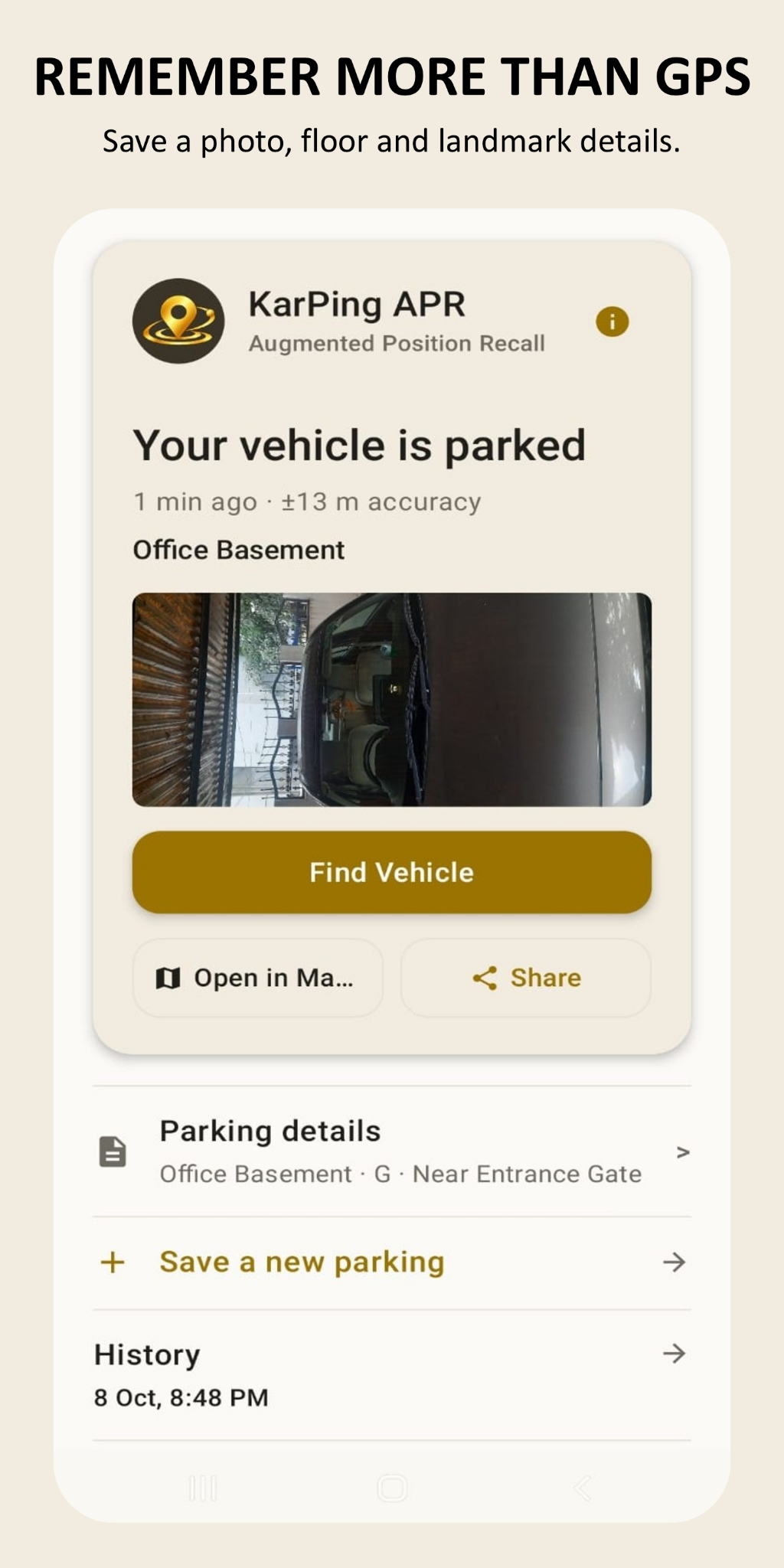 KarPing APR saved parking summary with location and optional details