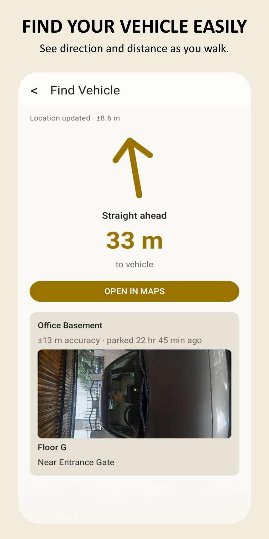 KarPing APR find screen showing direction and distance to a saved vehicle